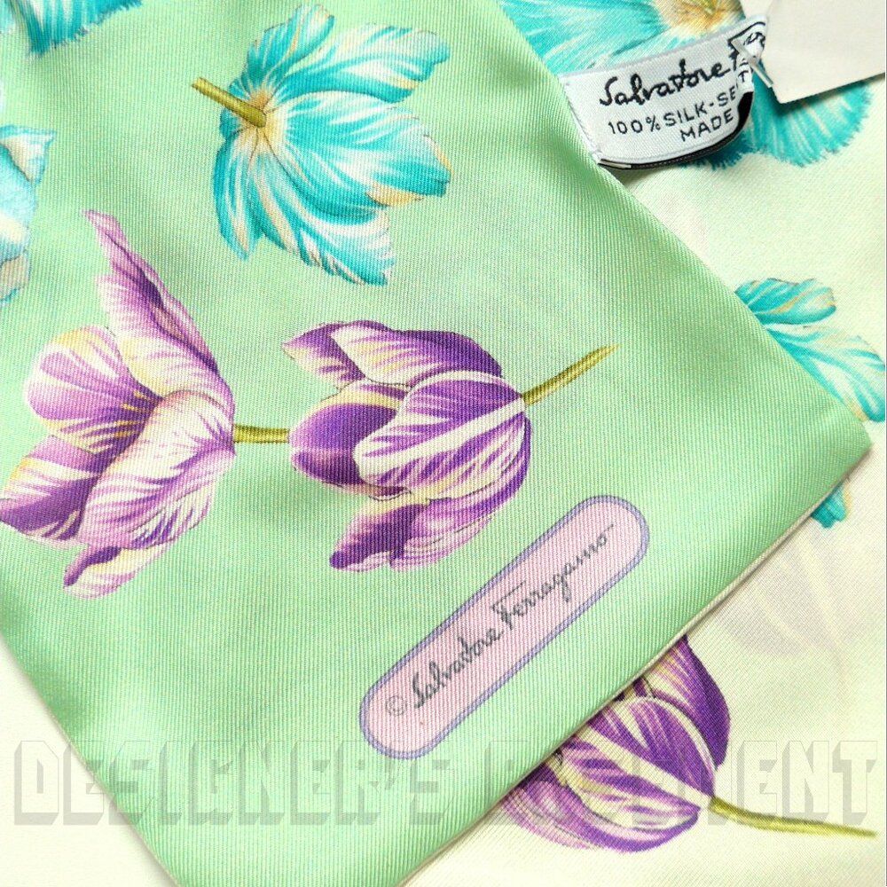 SALVATORE FERRAGAMO mint TULIPANI SKINNY long 2-sided silk twill scarf +envelope - Picture 3 of 6